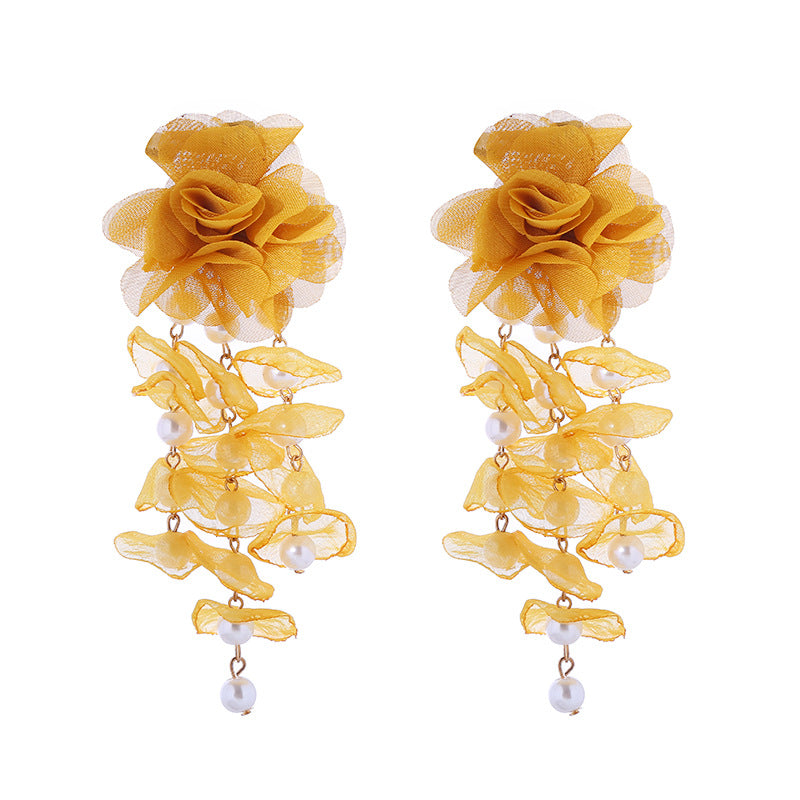 1 Pair Bohemian Flower Imitation Pearl Gauze Tassel Drop Earrings