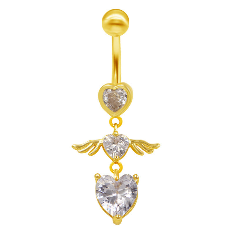 Heart Shape Winged Spider Belly Ring with Rhinestone Inlay - Gold & Silver Plated