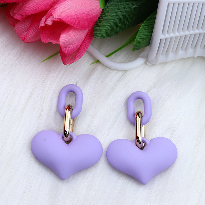 1 Pair Heart Shape Acrylic Drop Earrings - Fashionable Candy Color Chain Design