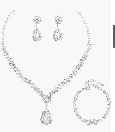 Fashion Rhinestone Jewelry Set: Water Droplets Flower Necklace, Earrings, and Bracelet for Wedding Bridal Accessories