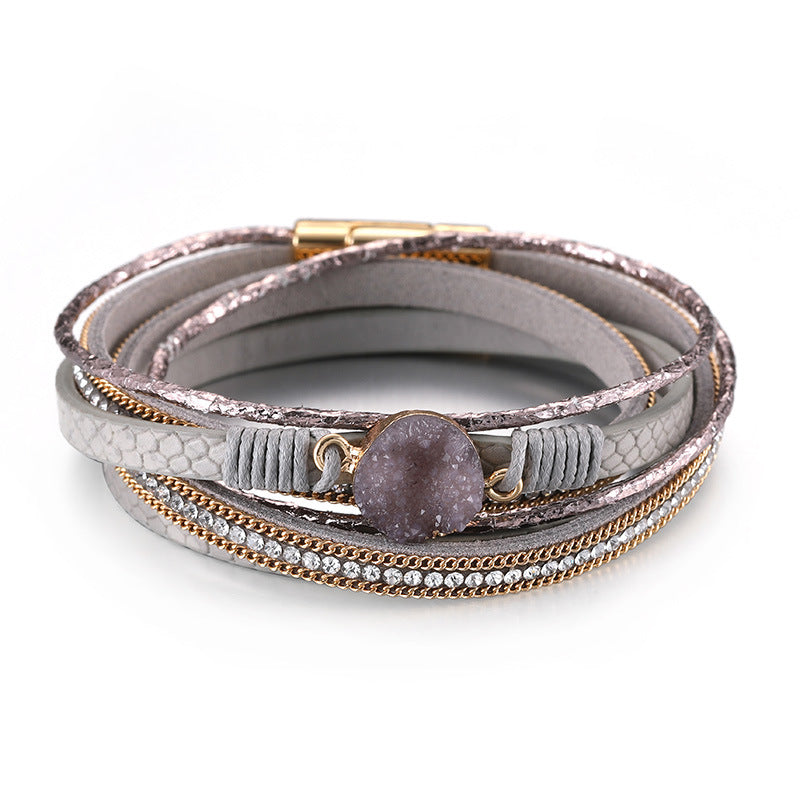 Ethnic Style Round PU Leather Multi-Layer Crystal Pendant Women's Bracelet