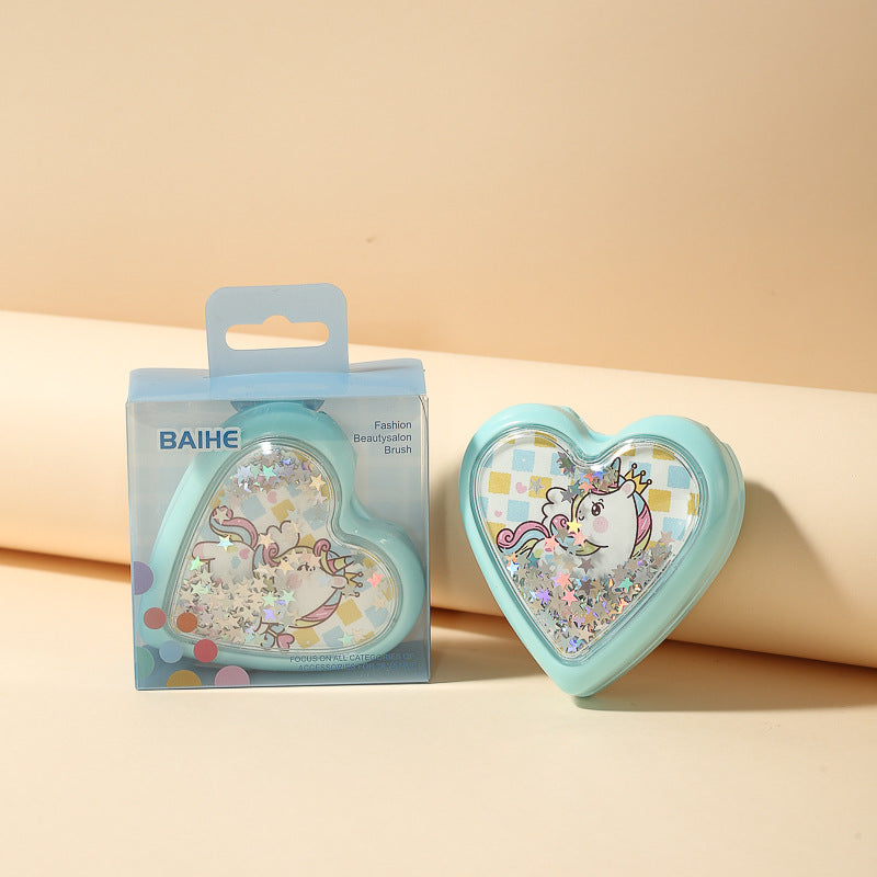 Cartoon Style Cute Portable Hair Comb with Love Print and Folding Mirror