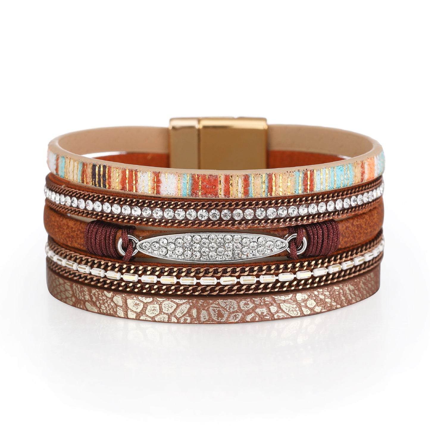 Bohemian Multi-Layer Geometric PU Leather Bracelet with Rhinestone and Alloy Pendant