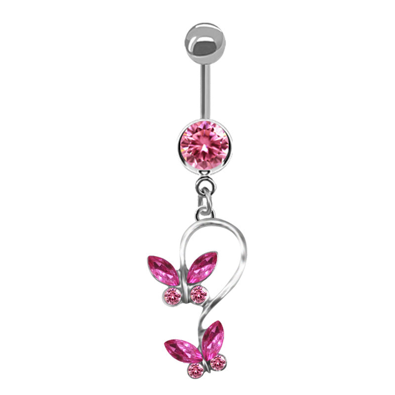 Elegant Butterfly & Crown Zircon Inlay Belly Ring Set - Stainless Steel & Gold Plated Jewelry