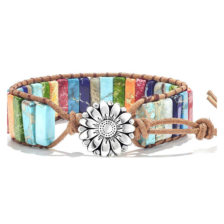 Ethnic Color Block Agate Stone Handmade Leather Bracelet