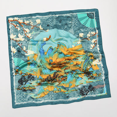 Women's Chinoiserie Floral Mountain Print Silk Scarf 70cm