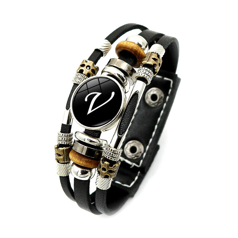 Unisex Retro Punk Multi-Layer Beaded Leather Bracelet with Alphabet Charm