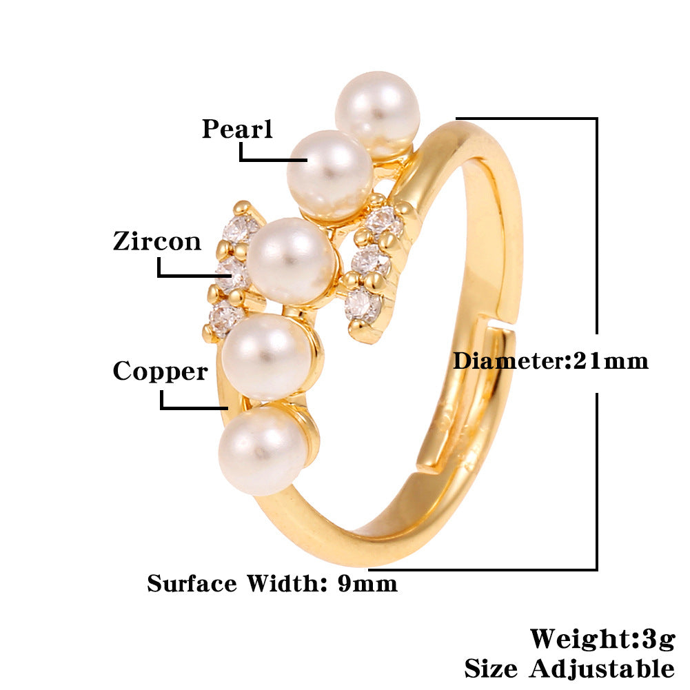 Copper Inlay Zircon Pearl Bohemian Open Ring