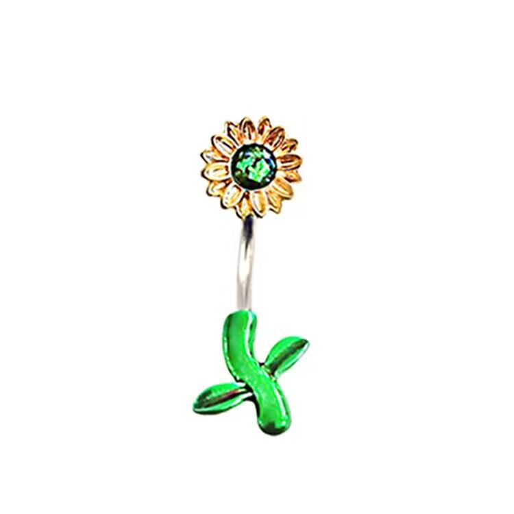 Elegant Sunflower Maple Leaf Rhinestone Inlay Belly Ring - Stainless Steel and Copper with White Gold Plating