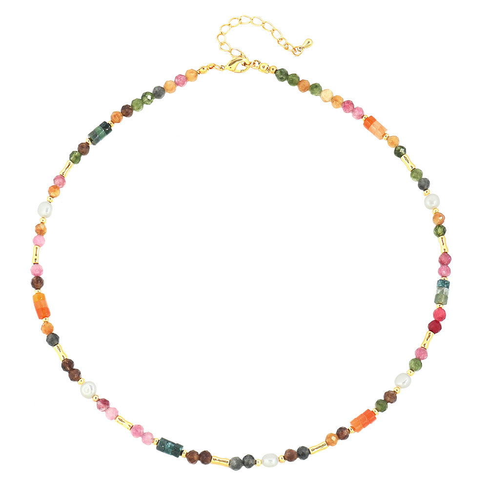 Sweet Geometric Freshwater Pearl Tourmaline Beaded Handmade Necklace