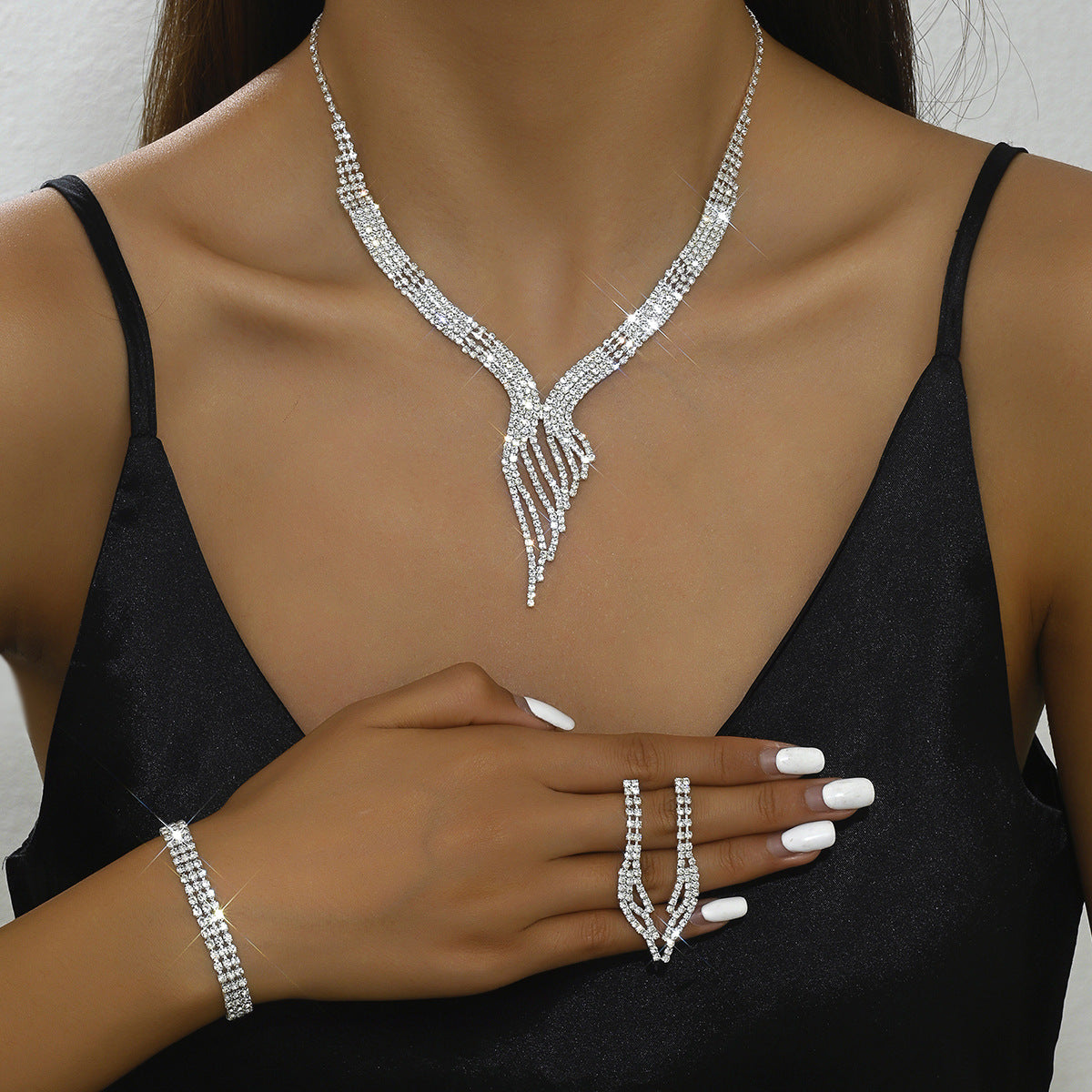 Fashion Rhinestone Tassel Silver Plated Necklace and Earrings Set