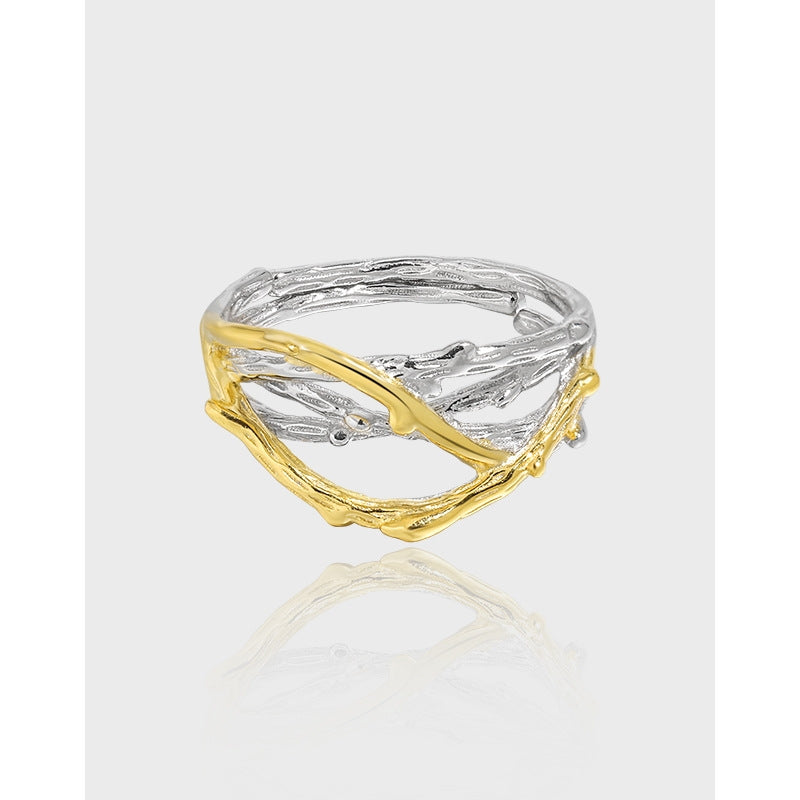 Geometric Sterling Silver 18k Gold Plated Open Ring with Unique Wrap Design