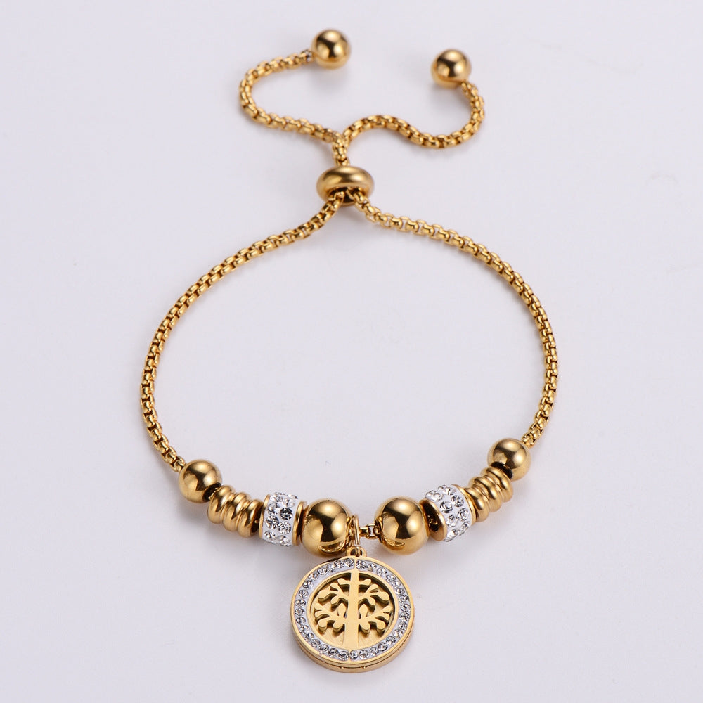 18K Gold Plated Stainless Steel Tree of Life Adjustable Bracelet with Rhinestones