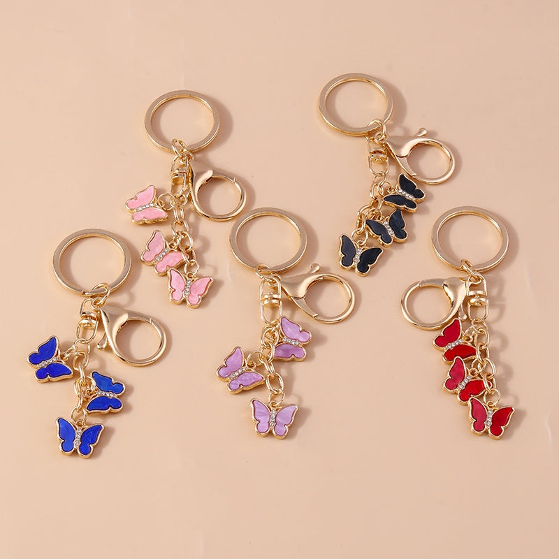 Pastoral Butterfly Trio Zinc Alloy Keychain with Enamel and Rhinestone Accents