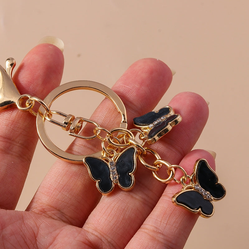 Pastoral Butterfly Trio Zinc Alloy Keychain with Enamel and Rhinestone Accents