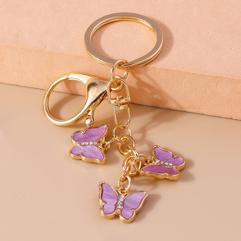 Pastoral Butterfly Trio Zinc Alloy Keychain with Enamel and Rhinestone Accents