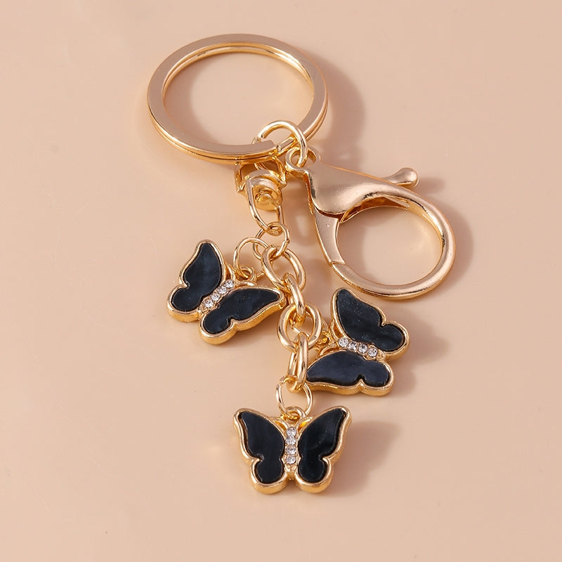 Pastoral Butterfly Trio Zinc Alloy Keychain with Enamel and Rhinestone Accents