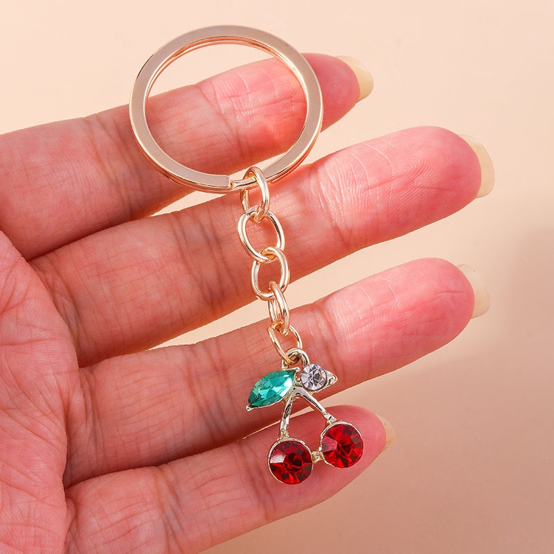 Pastoral Cherry Zinc Alloy Keychain with Faux Diamond Fruit Charm