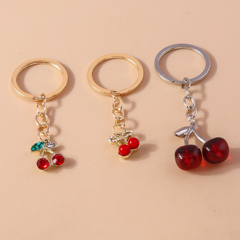 Pastoral Cherry Zinc Alloy Keychain with Faux Diamond Fruit Charm