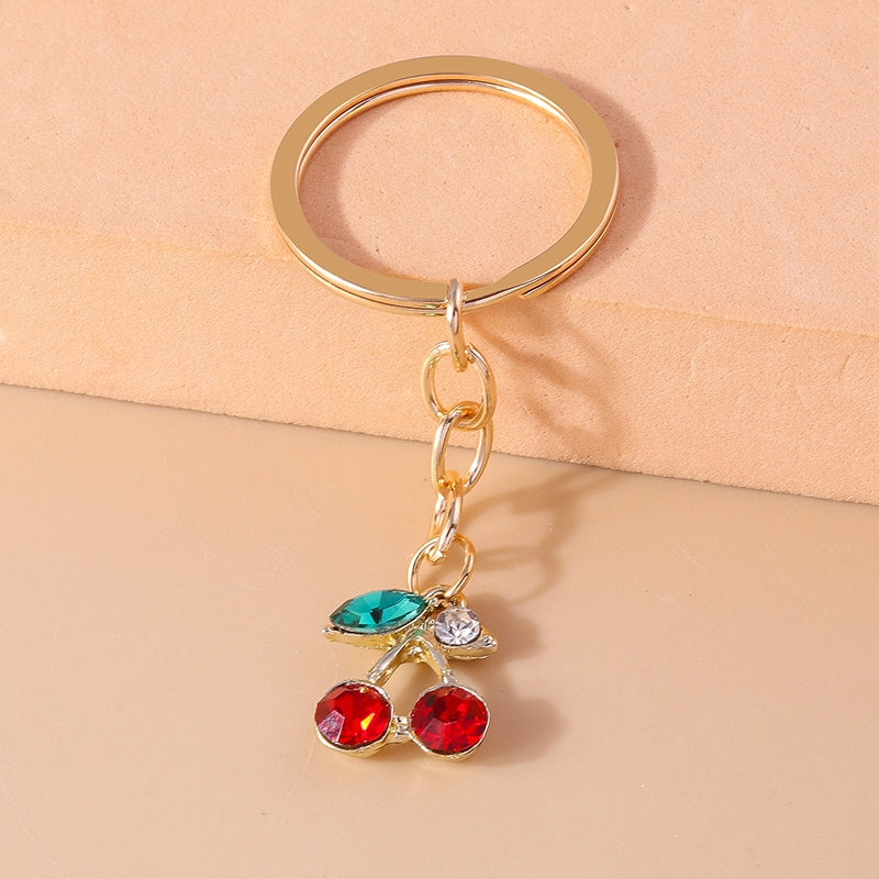 Pastoral Cherry Zinc Alloy Keychain with Faux Diamond Fruit Charm