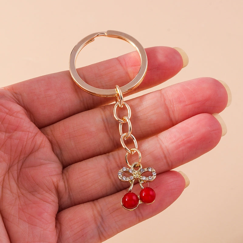 Pastoral Cherry Zinc Alloy Keychain with Faux Diamond Fruit Charm