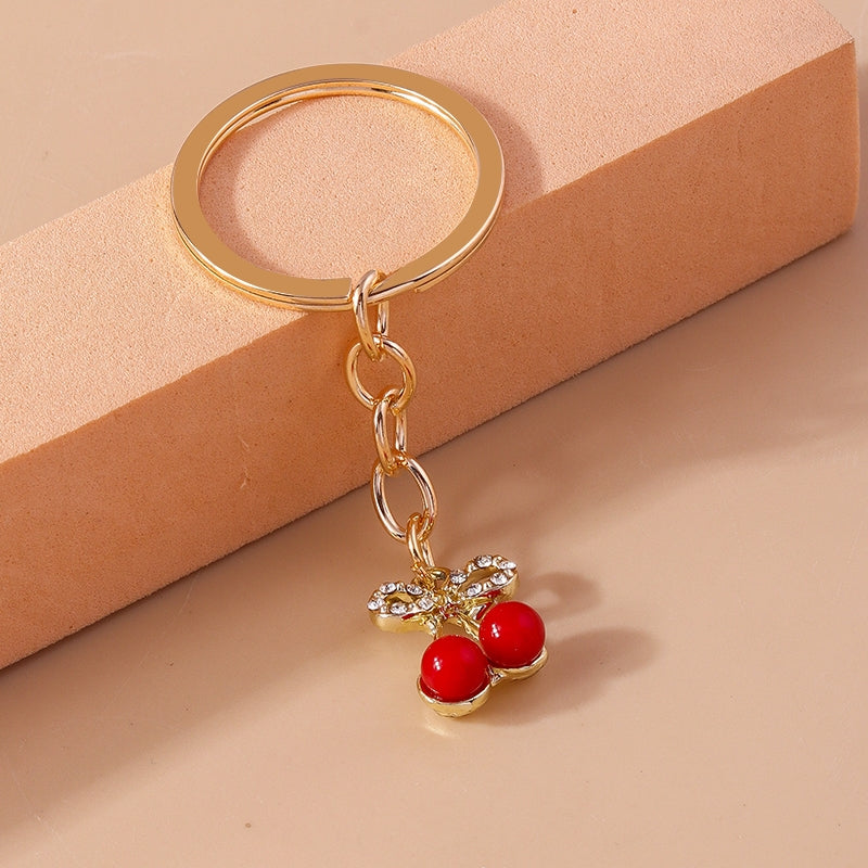 Pastoral Cherry Zinc Alloy Keychain with Faux Diamond Fruit Charm