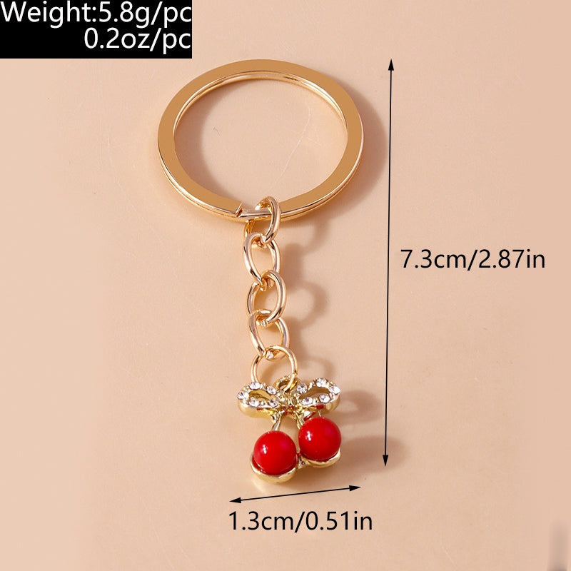 Pastoral Cherry Zinc Alloy Keychain with Faux Diamond Fruit Charm