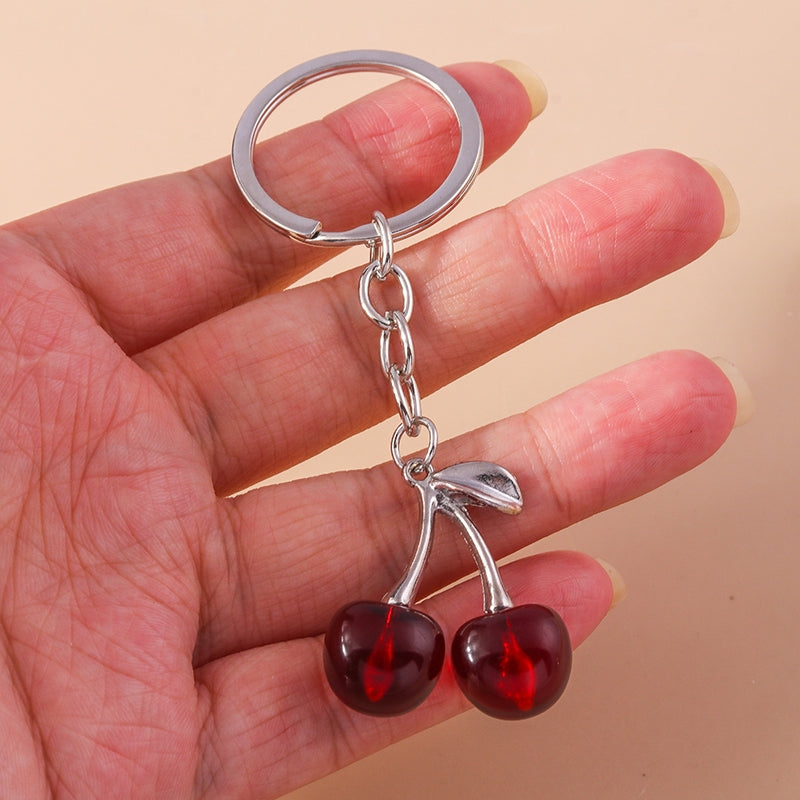 Pastoral Cherry Zinc Alloy Keychain with Faux Diamond Fruit Charm