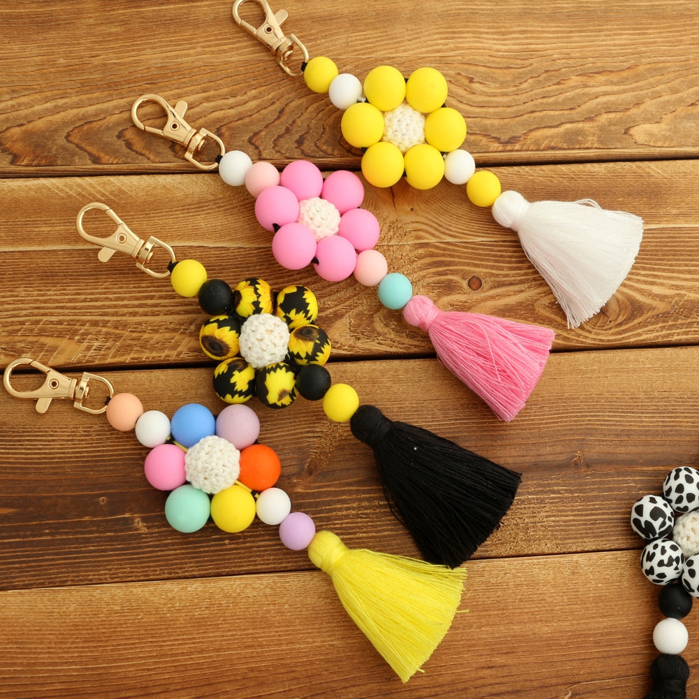 Pastoral Color Block Beaded Silicone Tassel Keychain for Women