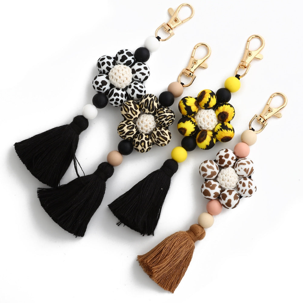 Pastoral Color Block Beaded Silicone Tassel Keychain for Women