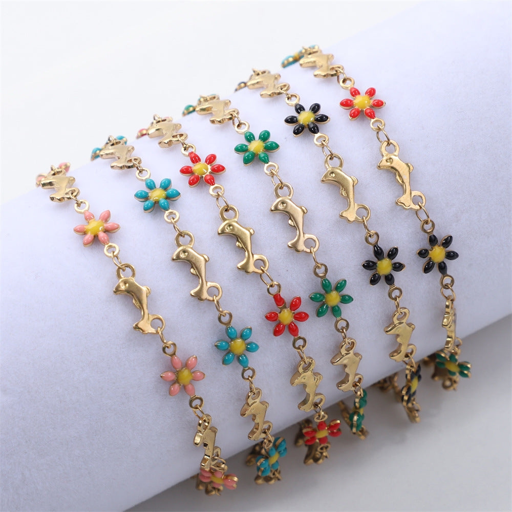 Daisy Dolphin Stainless Steel Bracelet Set with Colorful Enamel and 18k Gold Plating