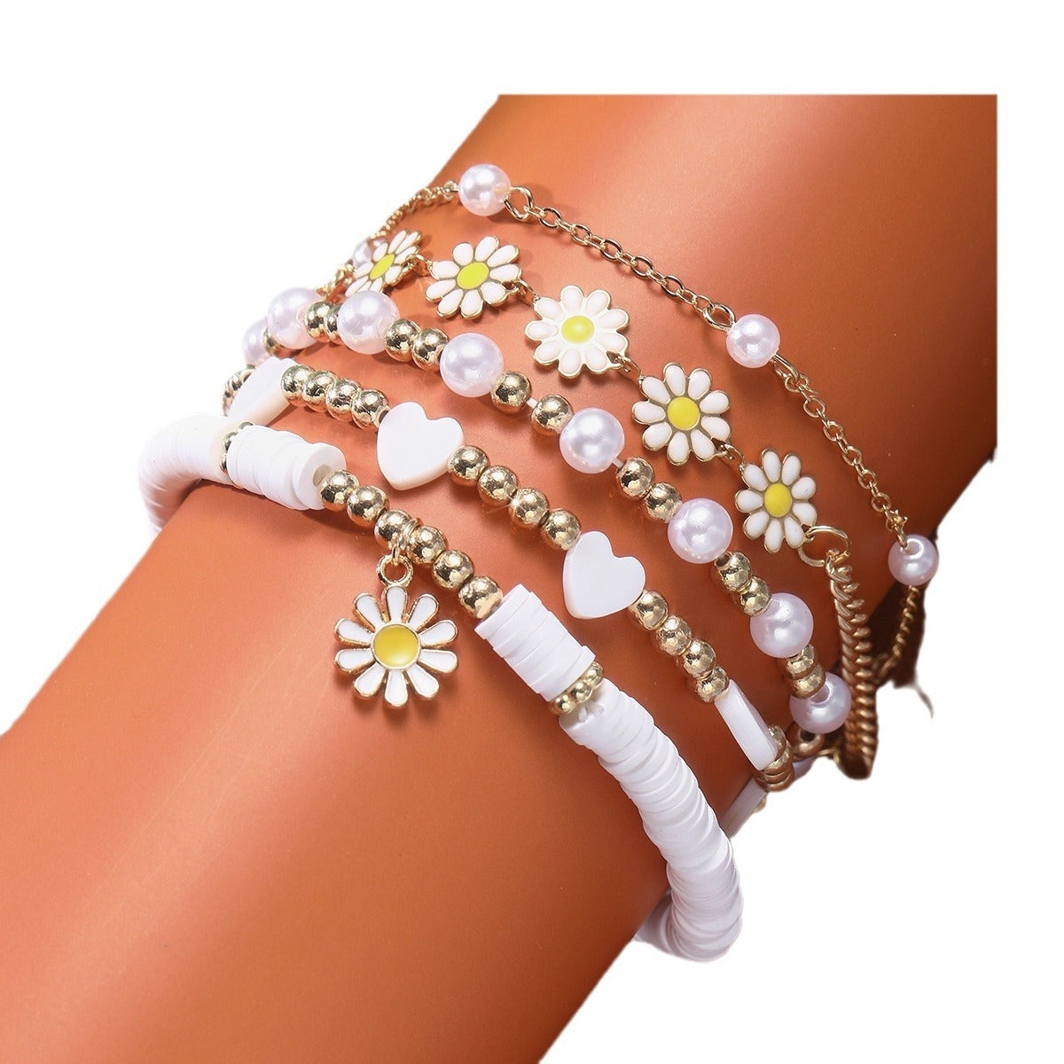 Pastoral Daisy Flower Alloy Bracelet Set - Women's Summer Floral Jewelry Collection (Set of 5)