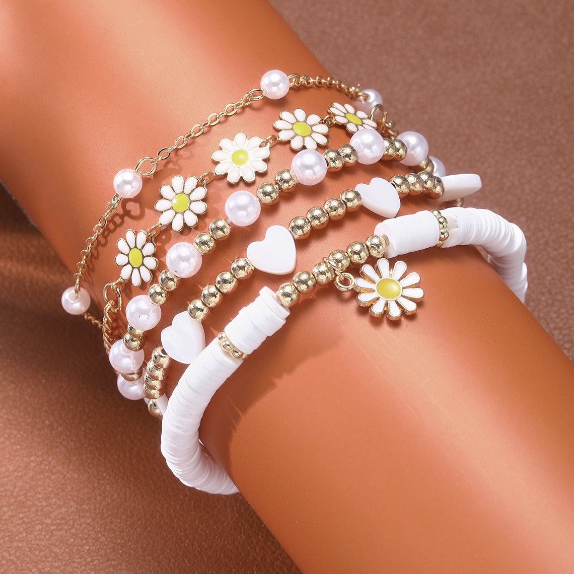 Pastoral Daisy Flower Alloy Bracelet Set - Women's Summer Floral Jewelry Collection (Set of 5)