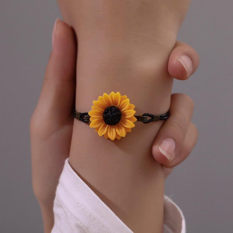 Sunflower and Daisy Leather Rope Bracelet for Women and Friends