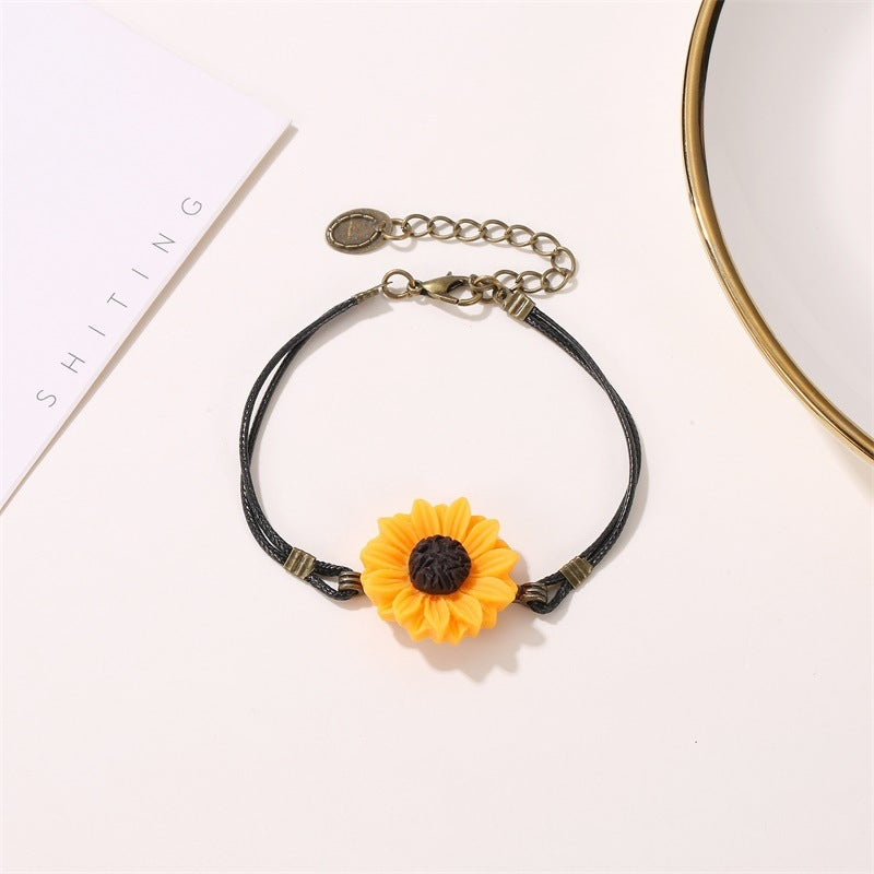 Sunflower and Daisy Leather Rope Bracelet for Women and Friends