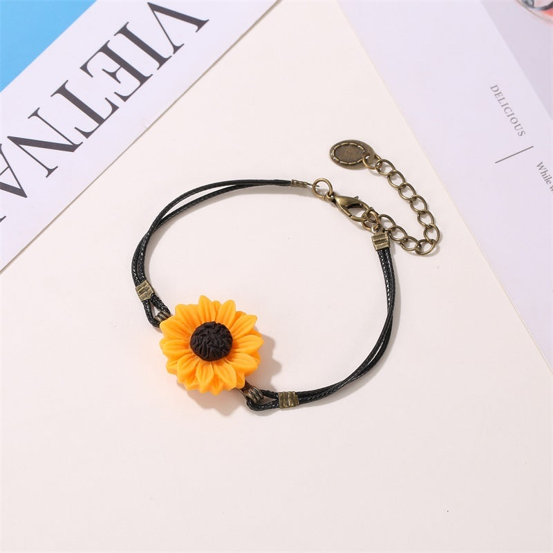 Sunflower and Daisy Leather Rope Bracelet for Women and Friends