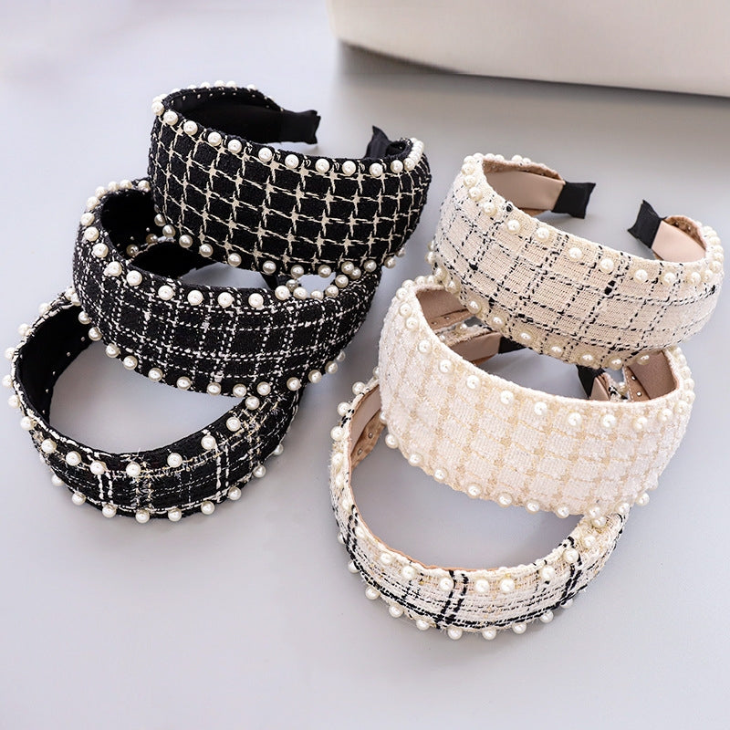 Pearl Studded Plaid Fabric Headband