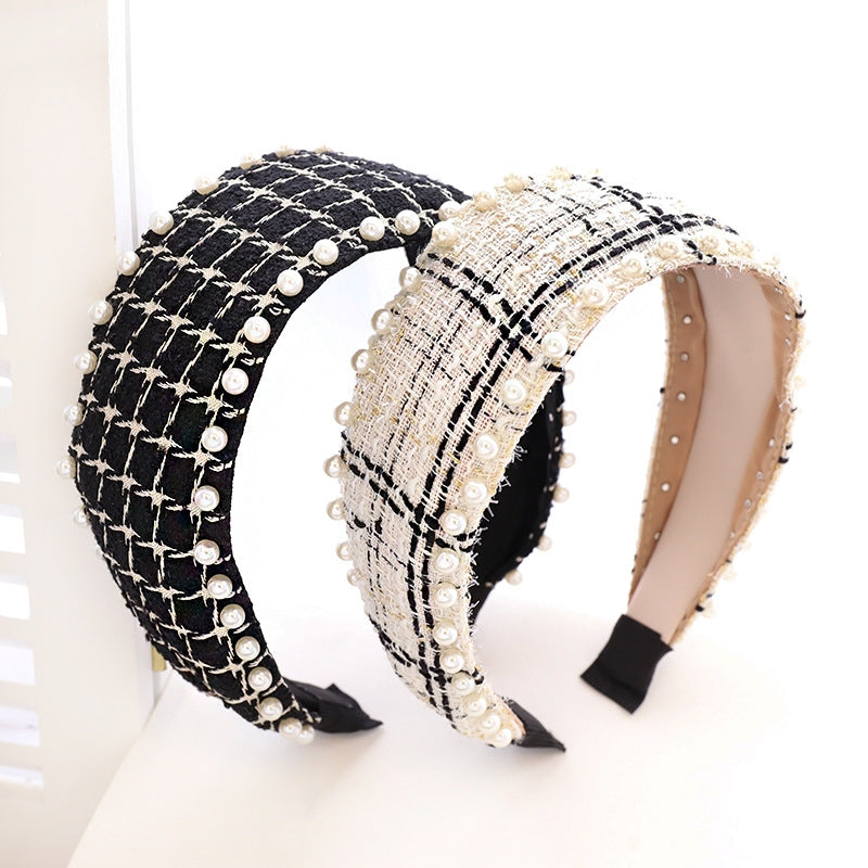 Pearl Studded Plaid Fabric Headband