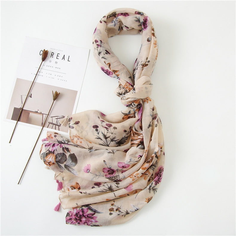 Pink Floral Print Silk and Cotton Linen Fringed Scarf Shawl