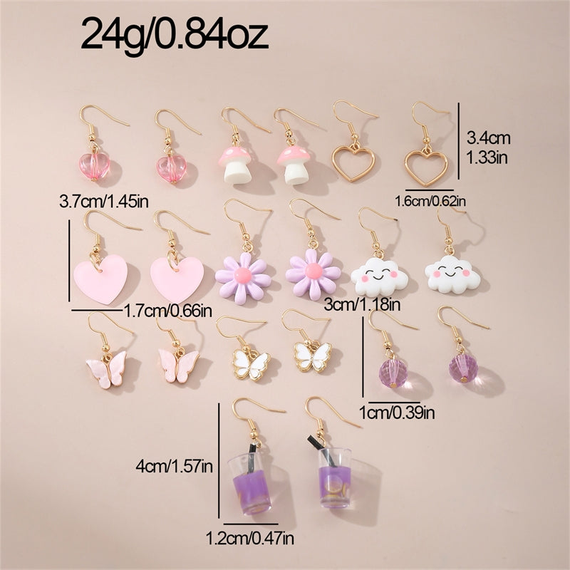 Princess Heart Shape Flower and Butterfly Mushroom Drop Earrings Set for Girls