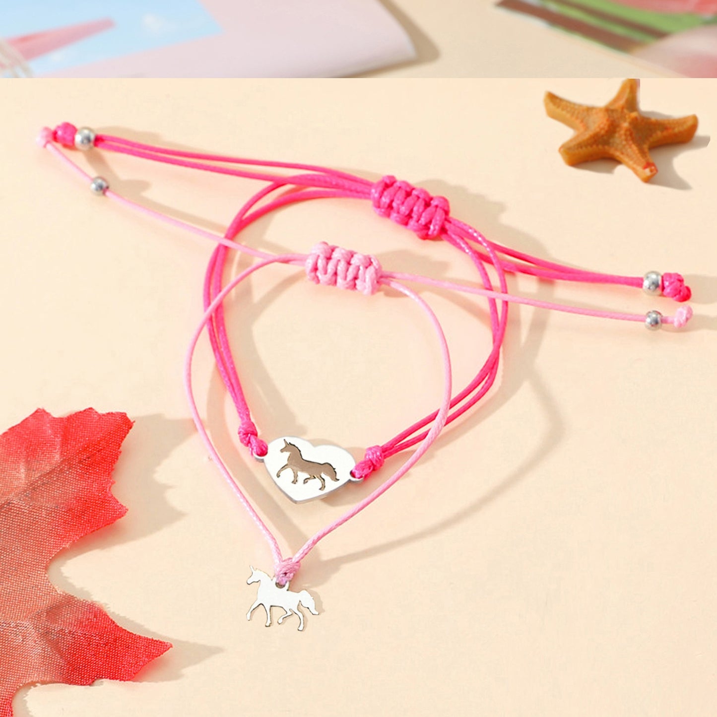 Princess Heart Stainless Steel Bracelet Set - Mother & Daughter Unicorn Design