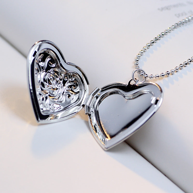 Printed Heart Rose Floating Locket DIY Photo Box Stainless Steel Pendant Necklace