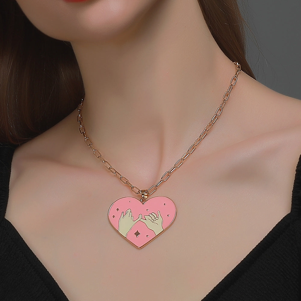 Sweetheart Couple Black Pink Pendant Necklace Set - Artistic Heart Charm Statement Necklace