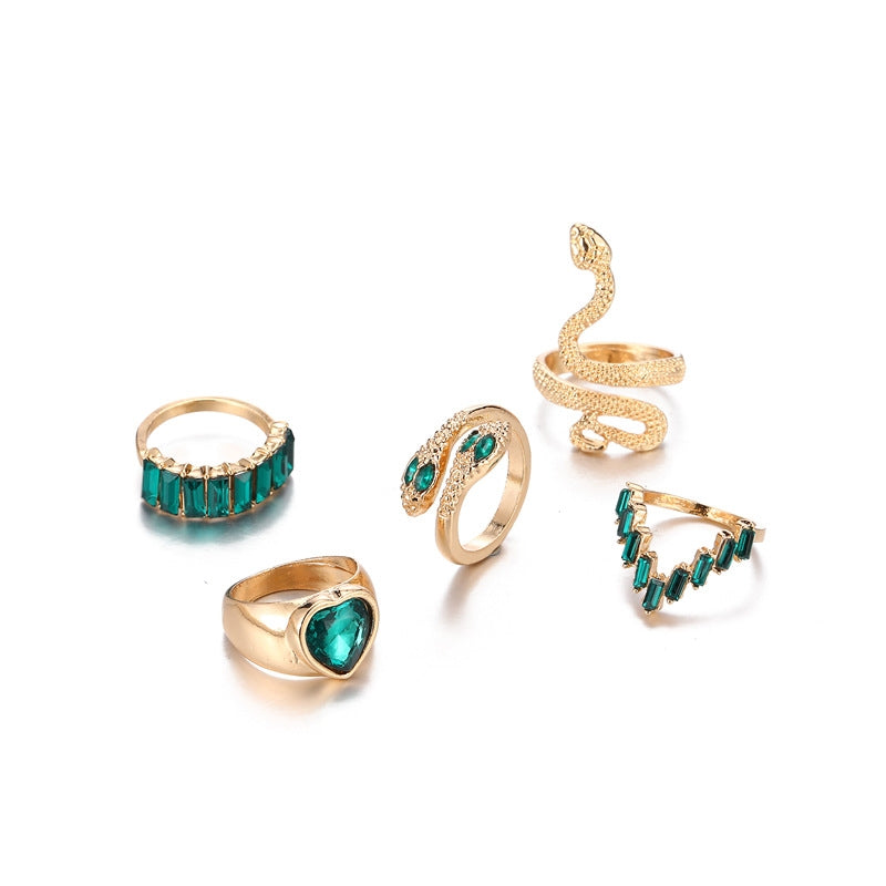 Punk Heart Snake Alloy Gemstone & Green Butterfly Crystal Ring Set for Women