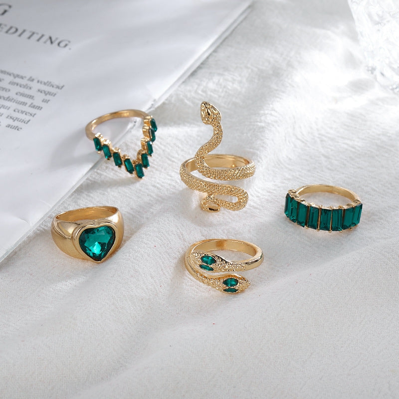 Punk Heart Snake Alloy Gemstone & Green Butterfly Crystal Ring Set for Women