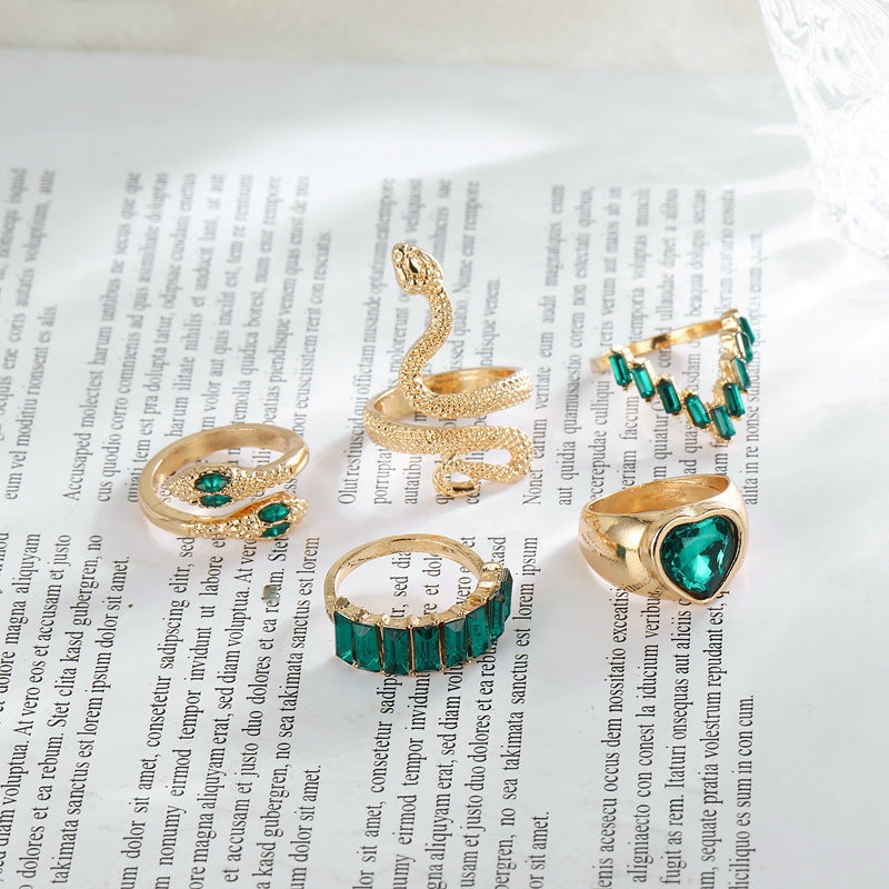 Punk Heart Snake Alloy Gemstone & Green Butterfly Crystal Ring Set for Women