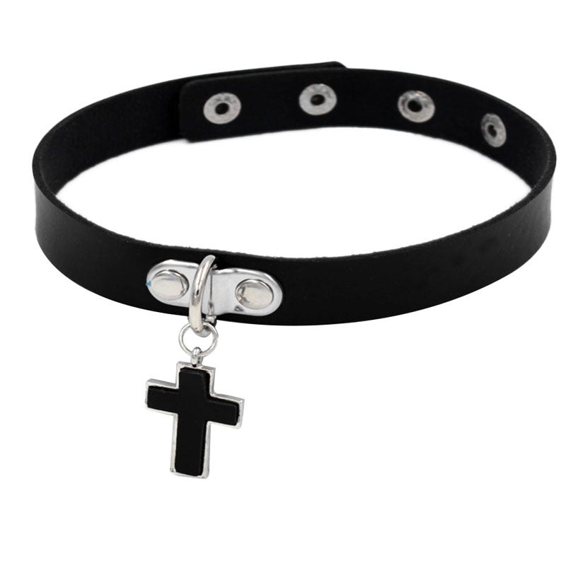 Punk Gothic Cross PU Leather Choker Necklace