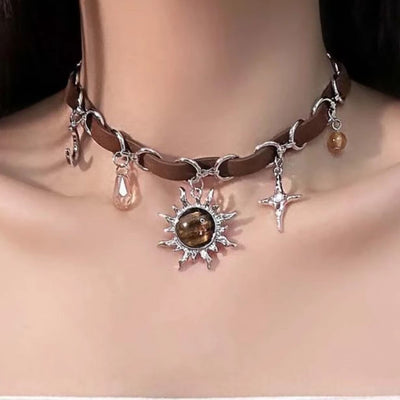 Punk Sun Moon Star Leather Choker Necklace for Women