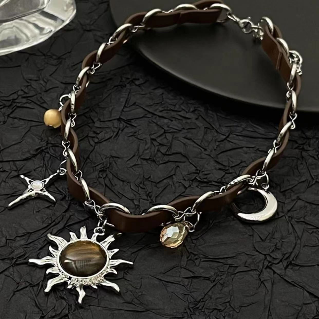 Punk Sun Moon Star Leather Choker Necklace for Women