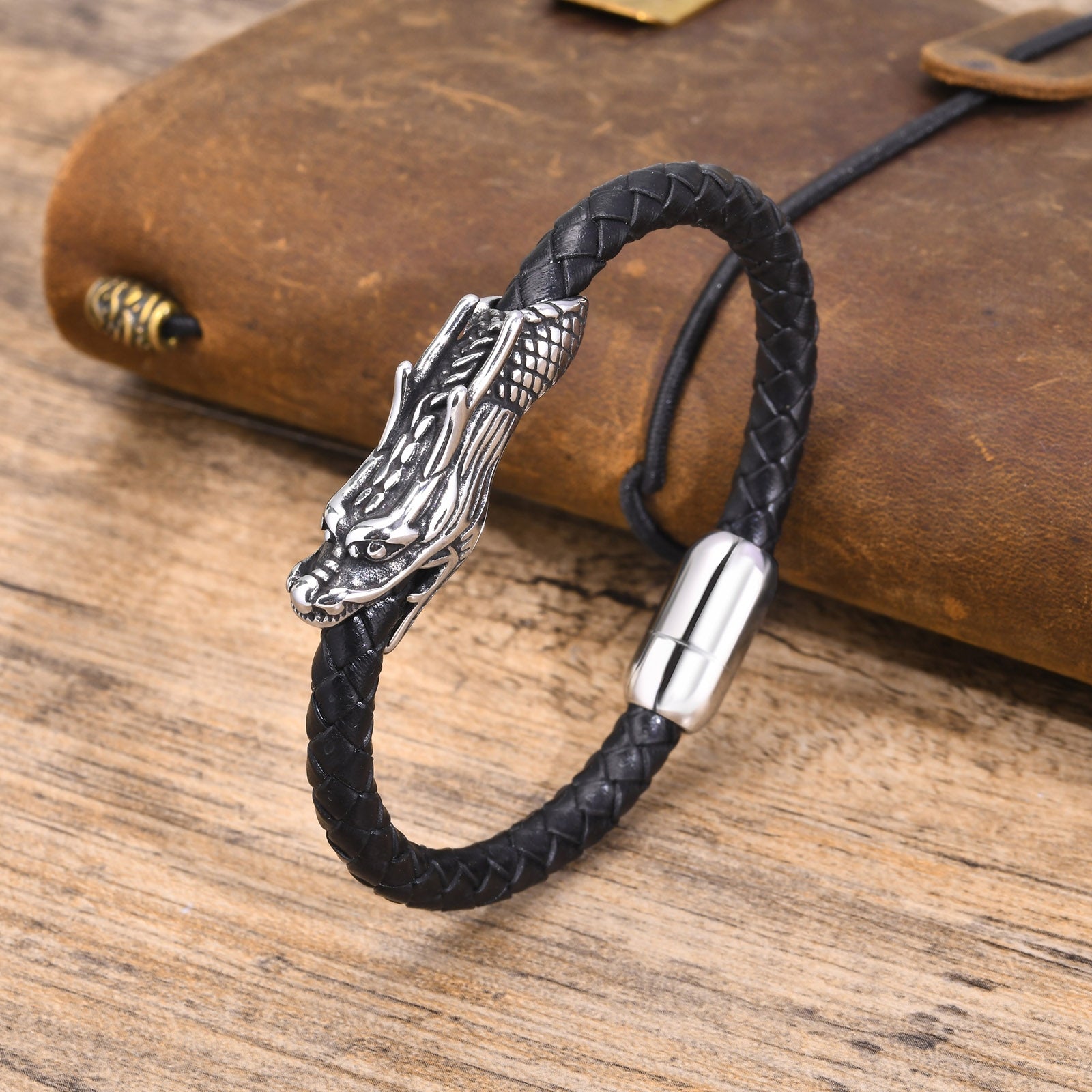 Punk Dragon Black Stainless Steel and Microfiber Leather Men's Bracelet